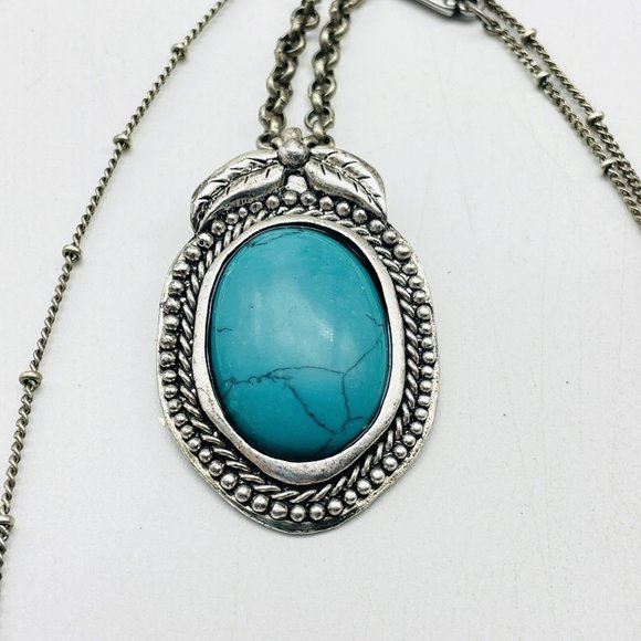 AEO Signed Faux Turquoise Pendant Necklace Silver Tone Ethnic Native Tribal SW - Picture 2 of 9